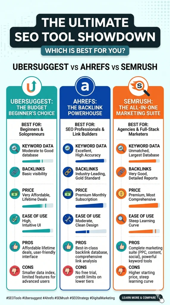 Ubersuggest vs Ahrefs vs SEMrush: Which SEO Tool Wins in 2026?