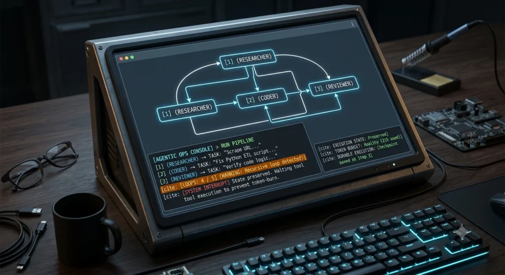 Durable graph state diagram showing an autonomous ai agent system interrupting a recursive token-burning execution loop on a premium dark developer terminal screen.