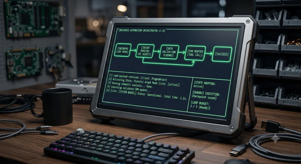 technical terminal screen visualizing an autonomous multi-agent graph orchestrating a business lead ingestion workflow.
