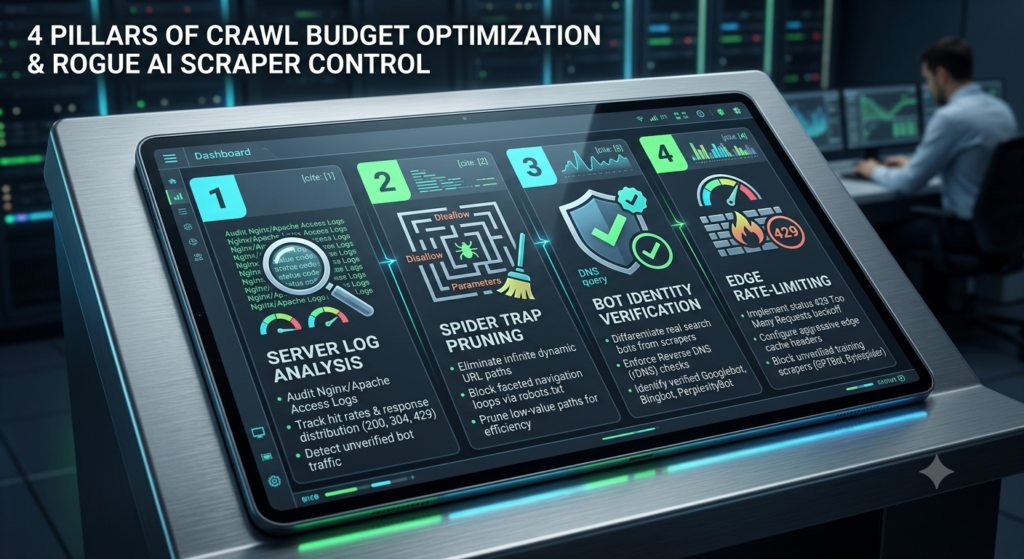Infographic illustrating the 4 pillars of crawl budget optimization: server log analysis, spider trap pruning, bot identity verification via reverse DNS, and edge rate-limiting.