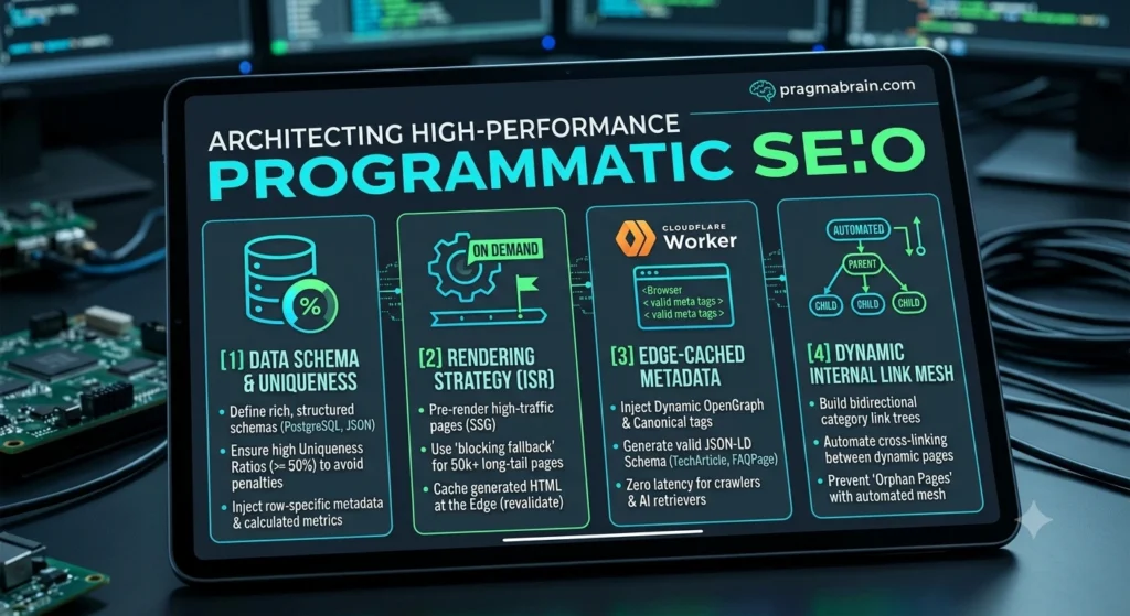 Infographic detailing the 4 pillars of Programmatic SEO Architecture: Data Schema & Uniqueness, Rendering Strategy (ISR), Edge-Cached Metadata, and Dynamic Internal Link Mesh.
